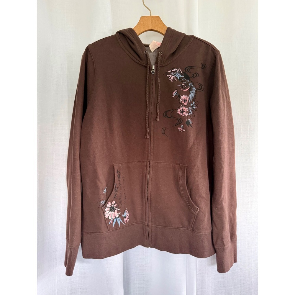 Lucky Brand Y2K Brown Floral Bird Zip Hoodie Women's XL Boho Fairy Grunge
